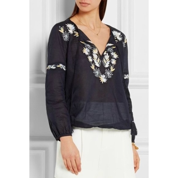TORY BURCH COTTON POPLIN SPLIT-NECK EMBROIDERED PEASANT TOP IN NAVY SIZE 8 - Picture 1 of 10